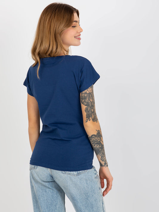 Granatowy klasyczny t-shirt basic z dekoltem w serek