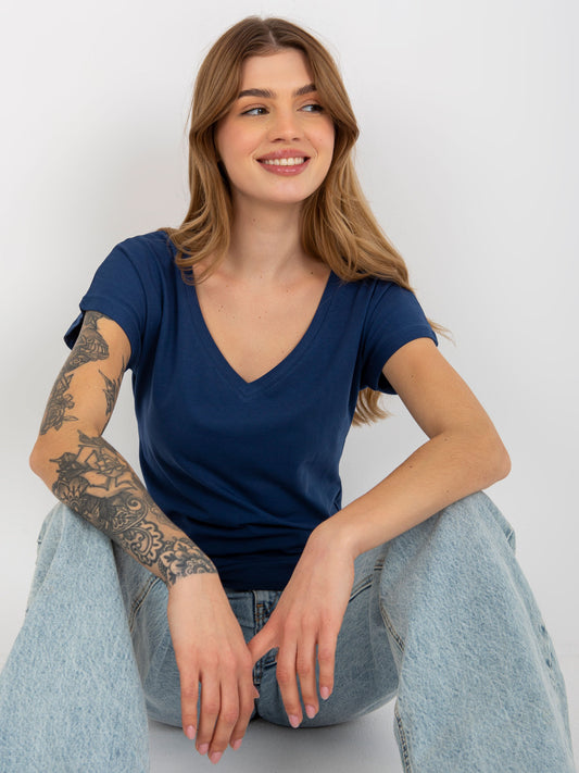 Granatowy klasyczny t-shirt basic z dekoltem w serek