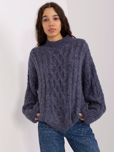Granatowy dzianinowy sweter z warkoczami
