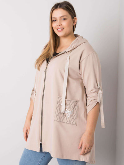 Jasnobeżowa bluza plus size z kapturem i aplikacjami
