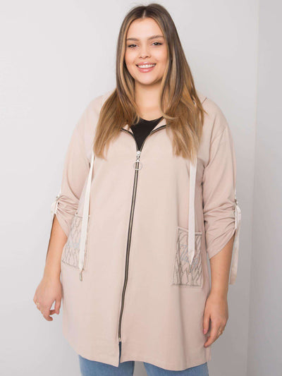 Jasnobeżowa bluza plus size z kapturem i aplikacjami