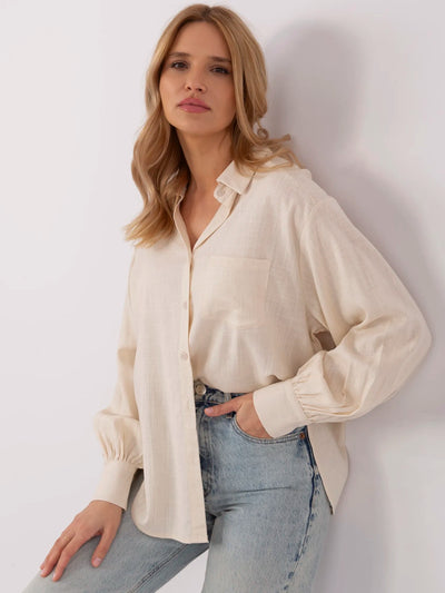 Jasnobeżowa koszula oversize z bufiastym rękawem