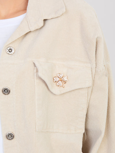 RUE PARIS Jasnobeżowa sztruksowa kurtka z gumką na dole