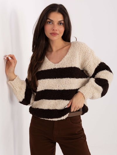 Jasnobeżowo-brązowy sweter oversize z dekoltem V