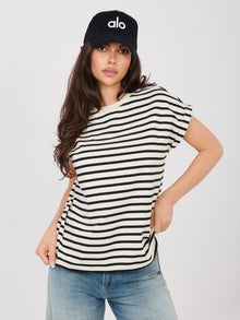 SUBLEVEL Jasnobeżowy damski t-shirt oversize w paski