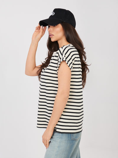 SUBLEVEL Jasnobeżowy damski t-shirt oversize w paski