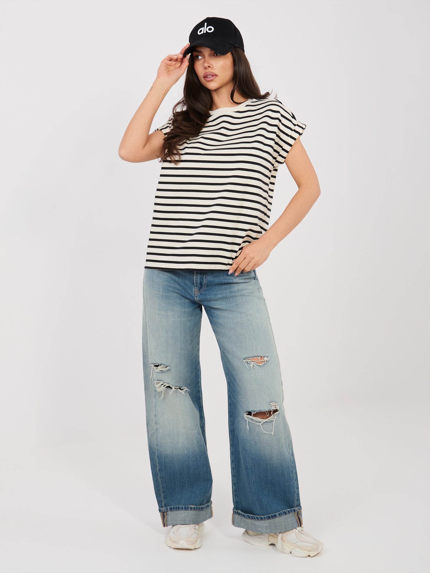 SUBLEVEL Jasnobeżowy damski t-shirt oversize w paski