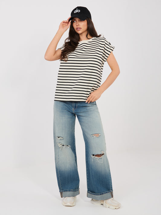 SUBLEVEL Jasnobeżowy damski t-shirt oversize w paski