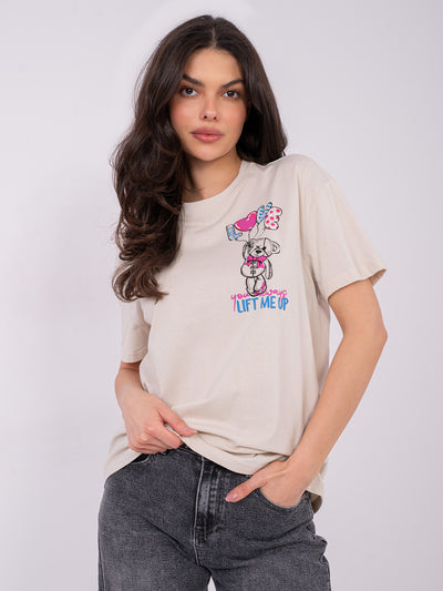 SUBLEVEL Jasnobeżowy damski t-shirt z bawełny