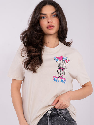 SUBLEVEL Jasnobeżowy damski t-shirt z bawełny