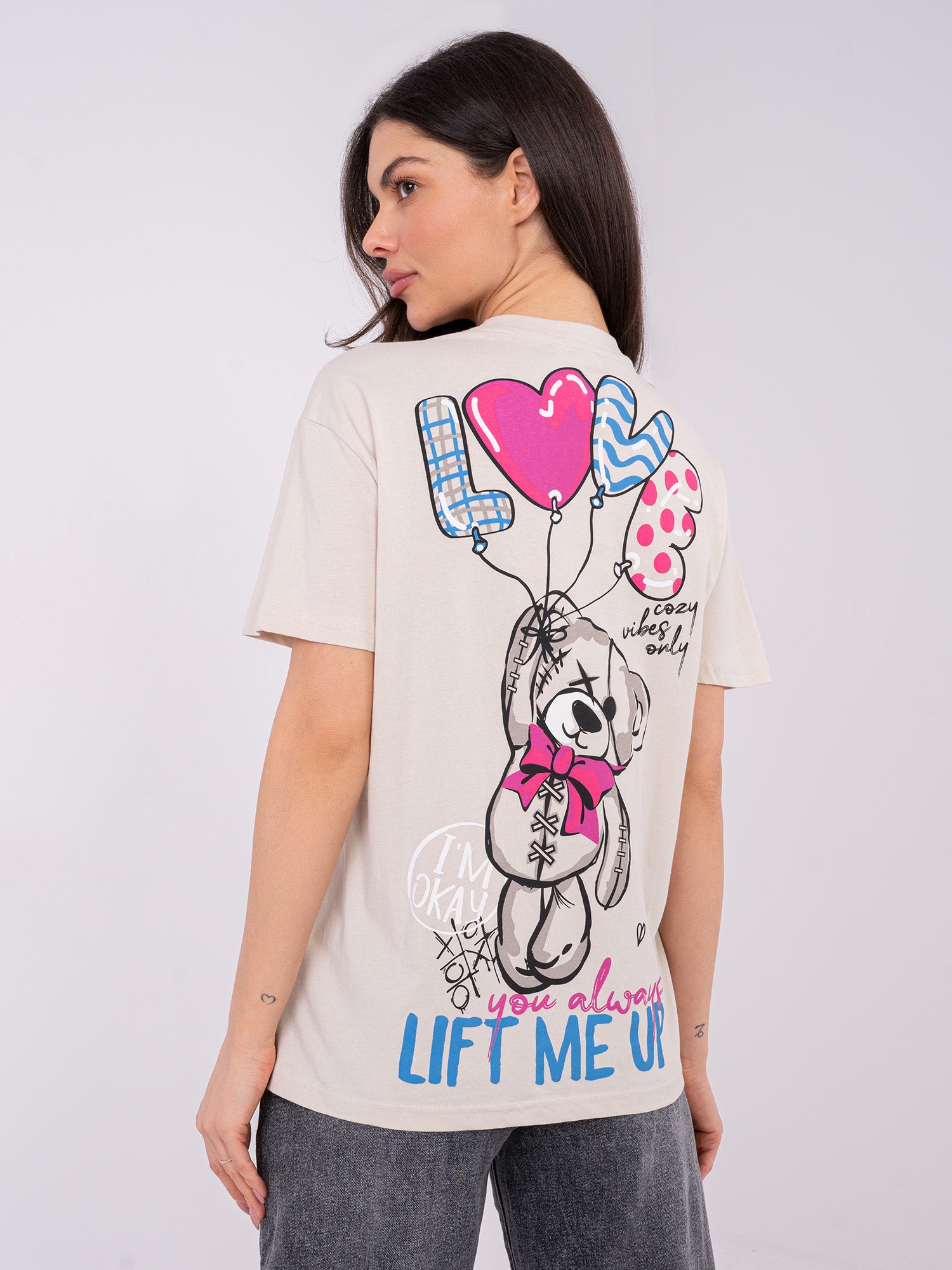 SUBLEVEL Jasnobeżowy damski t-shirt z bawełny