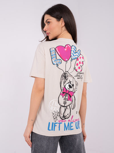 SUBLEVEL Jasnobeżowy damski t-shirt z bawełny