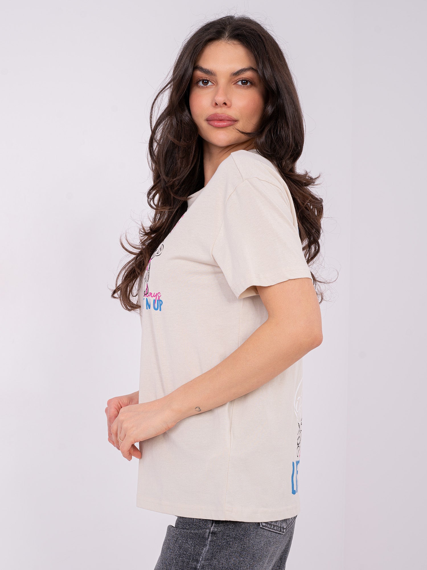 SUBLEVEL Jasnobeżowy damski t-shirt z bawełny