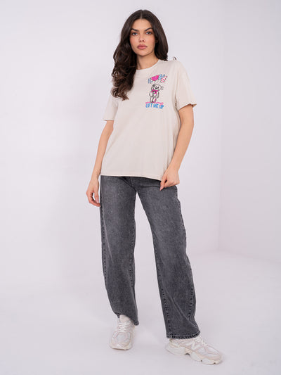 SUBLEVEL Jasnobeżowy damski t-shirt z bawełny