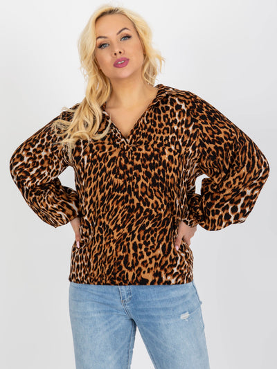 Jasnobrązowo-czarna koszulowa bluzka plus size w panterkę