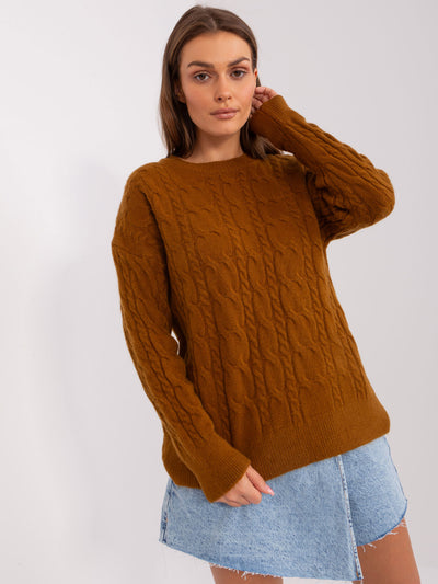 Jasnobrązowy klasyczny sweter z warkoczami