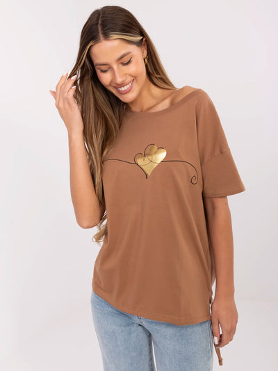 Jasnobrązowy damski t-shirt z wiązaniem