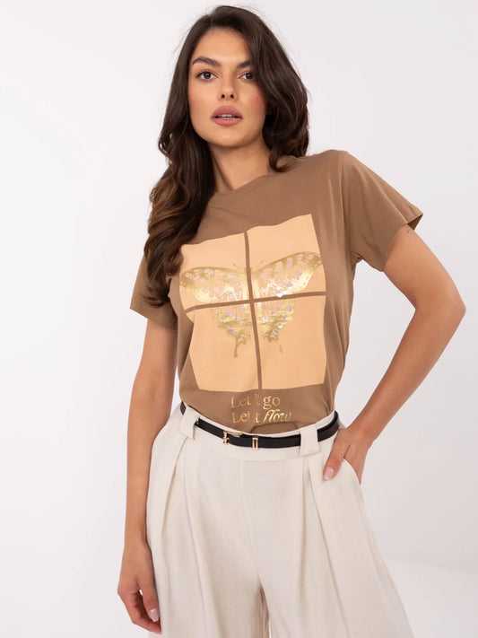 Jasnobrązowy damski t-shirt z bawełny