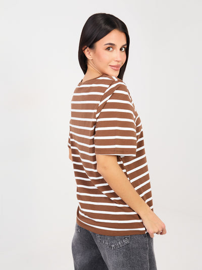 RUE PARIS Jasnobrązowy t-shirt basic z bawełny