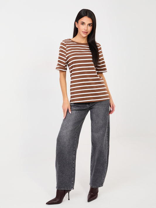 RUE PARIS Jasnobrązowy t-shirt basic z bawełny