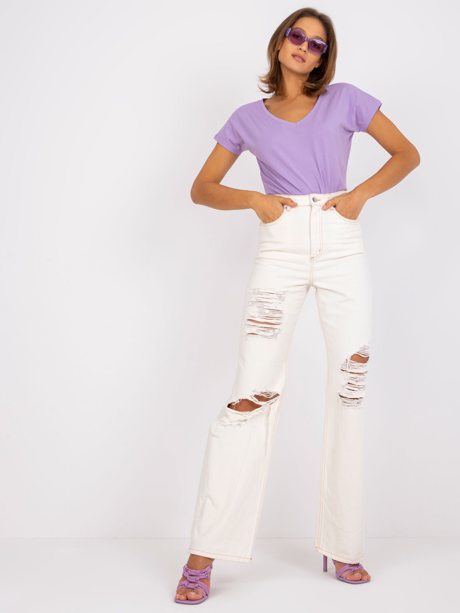 Bawełniany t-shirt V-neck jasnofioletowy