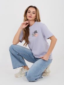 SUBLEVEL Jasnofioletowy t-shirt z letnim nadrukiem