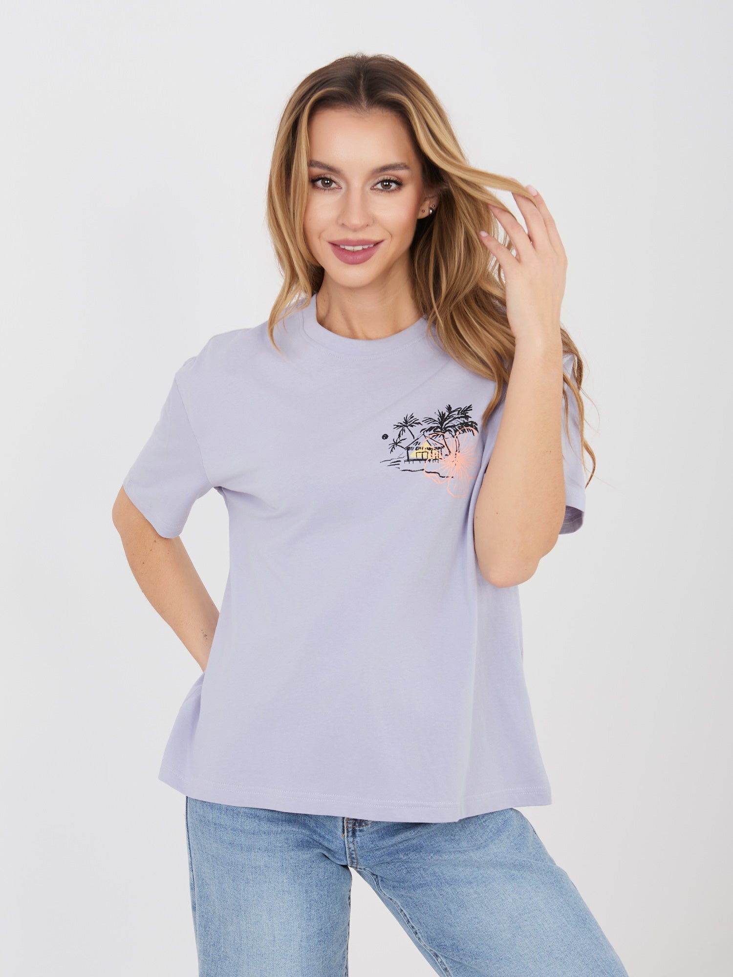 SUBLEVEL Jasnofioletowy t-shirt z letnim nadrukiem