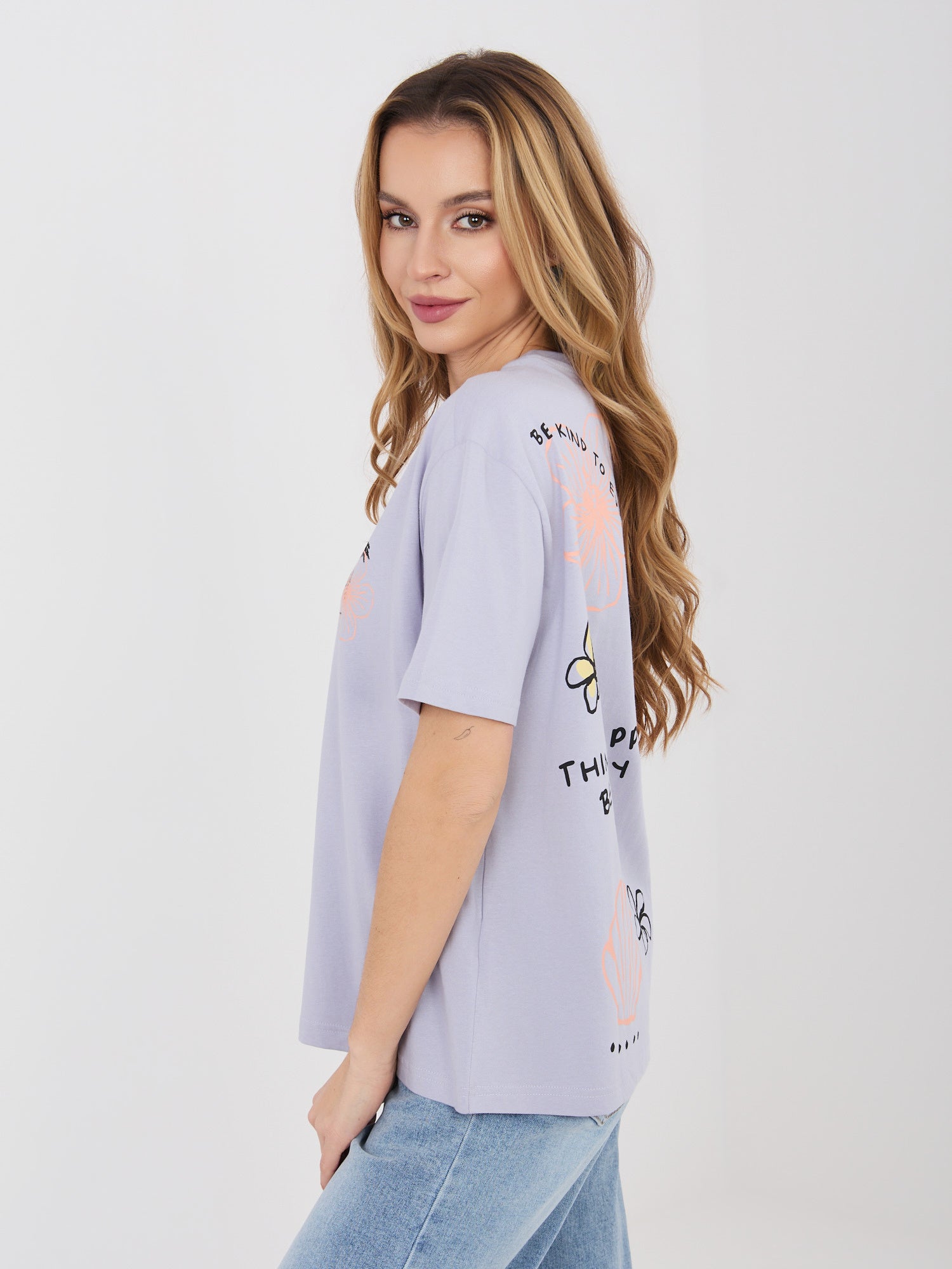 SUBLEVEL Jasnofioletowy t-shirt z letnim nadrukiem