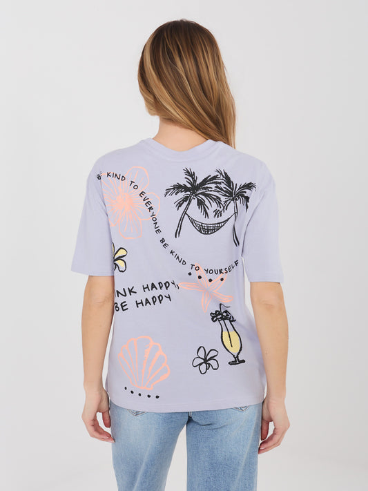SUBLEVEL Jasnofioletowy t-shirt z letnim nadrukiem