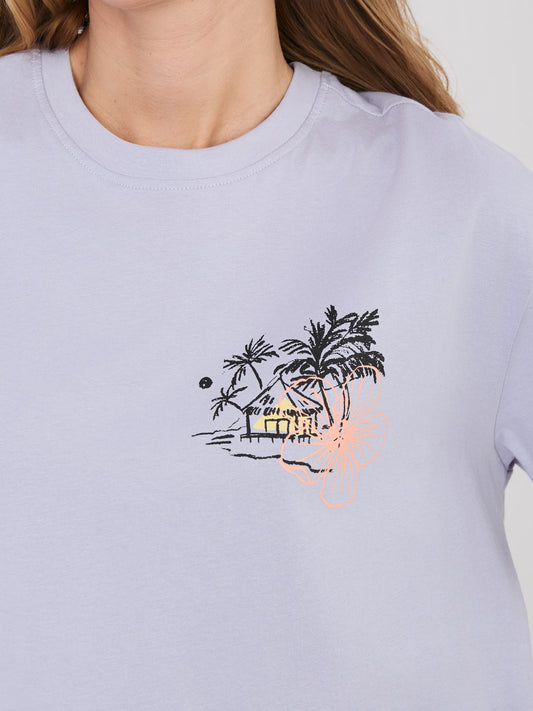 SUBLEVEL Jasnofioletowy t-shirt z letnim nadrukiem