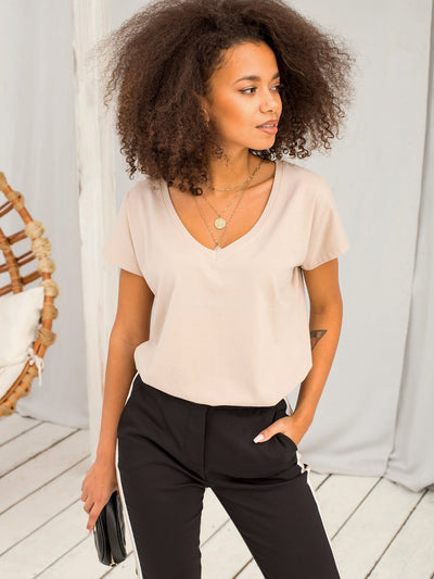 Bawełniany t-shirt V-neck jasnokawowy