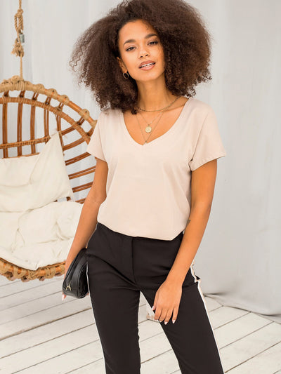Bawełniany t-shirt V-neck jasnokawowy
