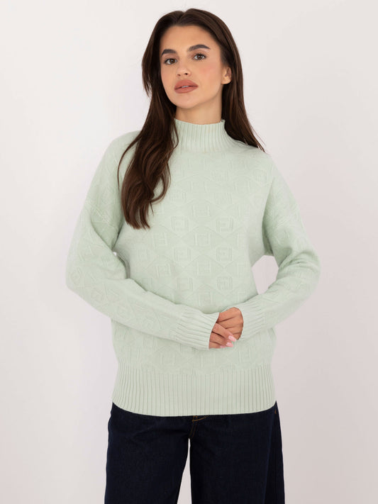 Jasnomiętowy wzorzysty sweter z półgolfem