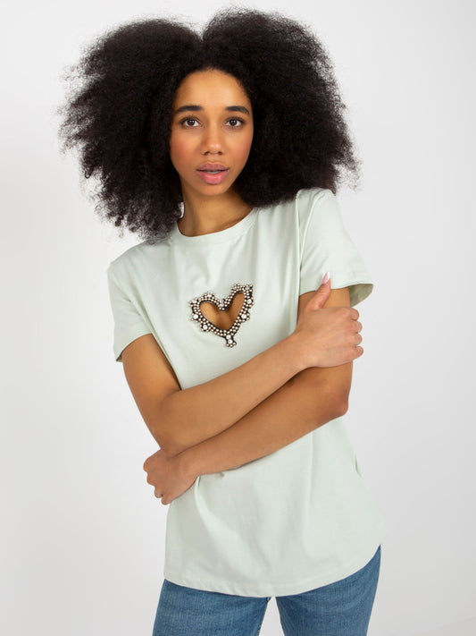 Jasnomiętowy t-shirt z aplikacją i wycięciem