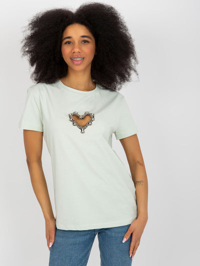 Jasnomiętowy t-shirt z aplikacją i wycięciem