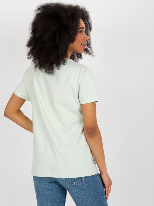 Jasnomiętowy t-shirt z aplikacją i wycięciem