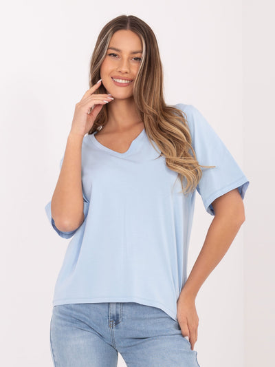 RUE PARIS Jasnoniebieski damski t-shirt z dekoltem w serek