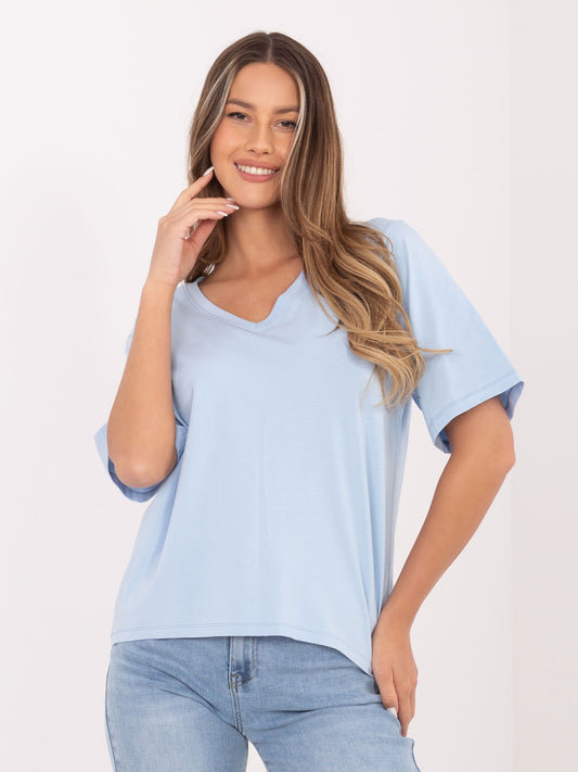 RUE PARIS Jasnoniebieski damski t-shirt z dekoltem w serek