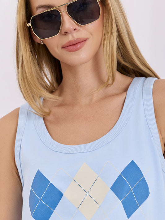 Jasnoniebieski bawełniany top w geometryczny wzór
