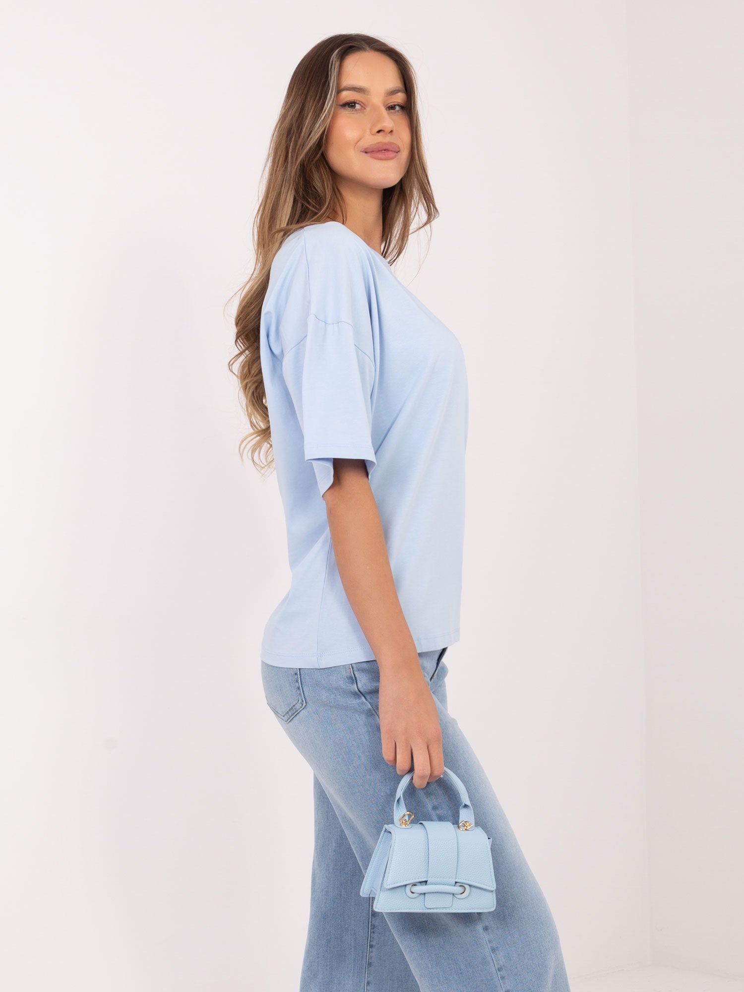 RUE PARIS Jasnoniebieski bawełniany t-shirt basic