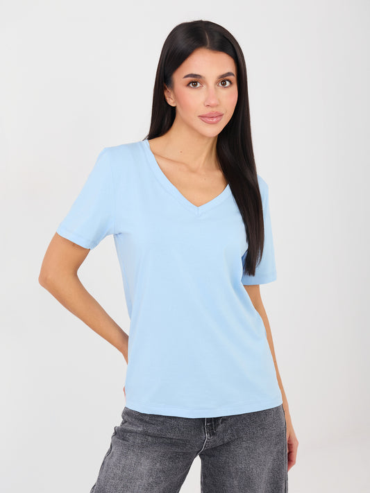RUE PARIS Jasnoniebieski t-shirt basic z dekoltem V