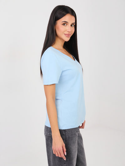 RUE PARIS Jasnoniebieski t-shirt basic z dekoltem V