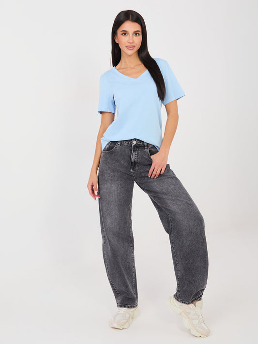 RUE PARIS Jasnoniebieski t-shirt basic z dekoltem V