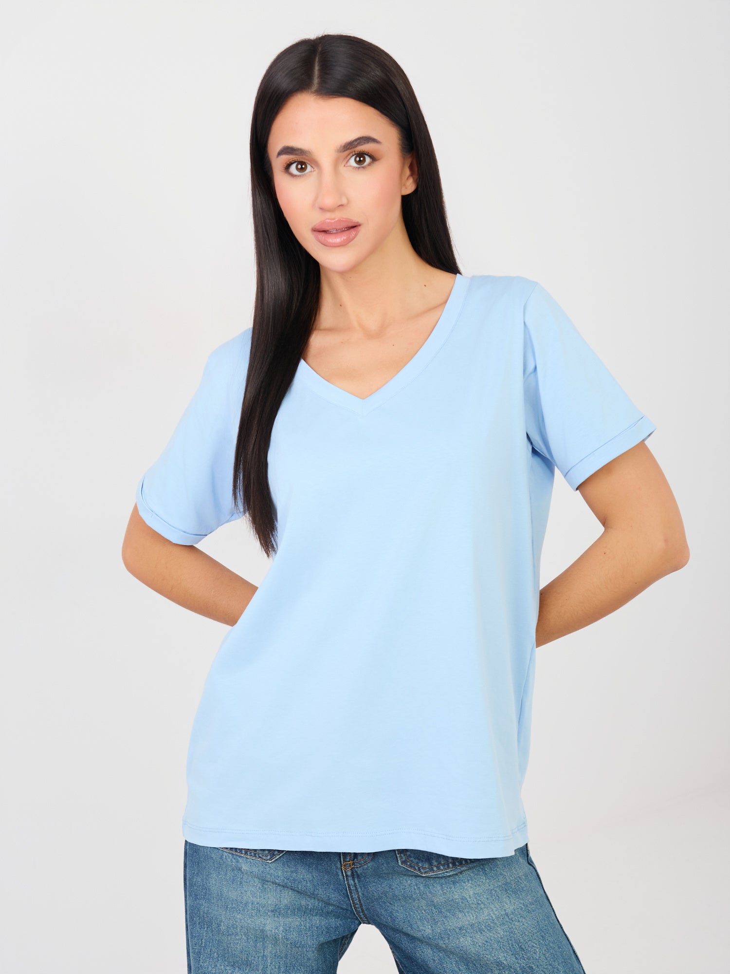 RUE PARIS Jasnoniebieski t-shirt basic z bawełny