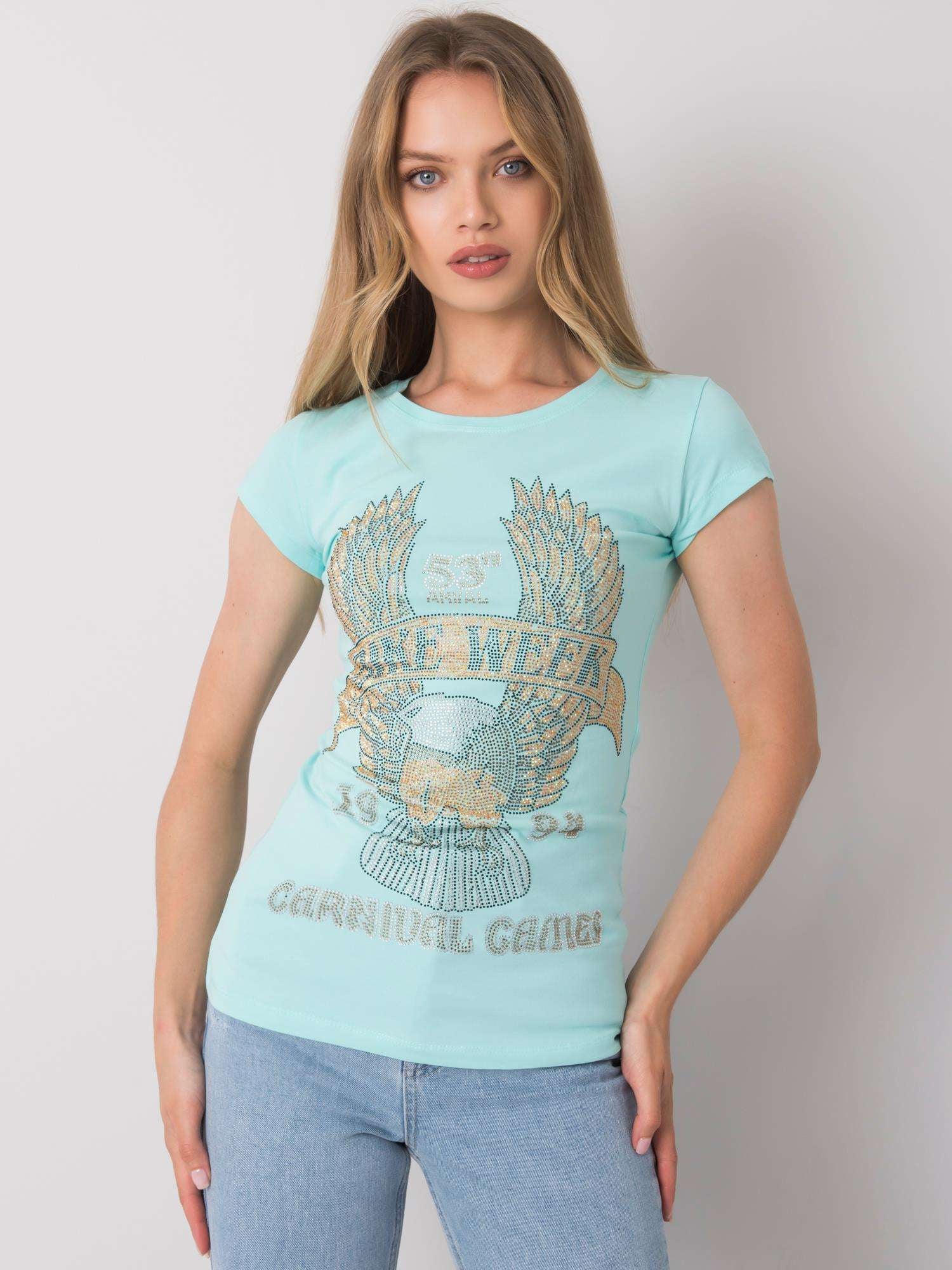 Jasnoniebieski t-shirt damski z aplikacją