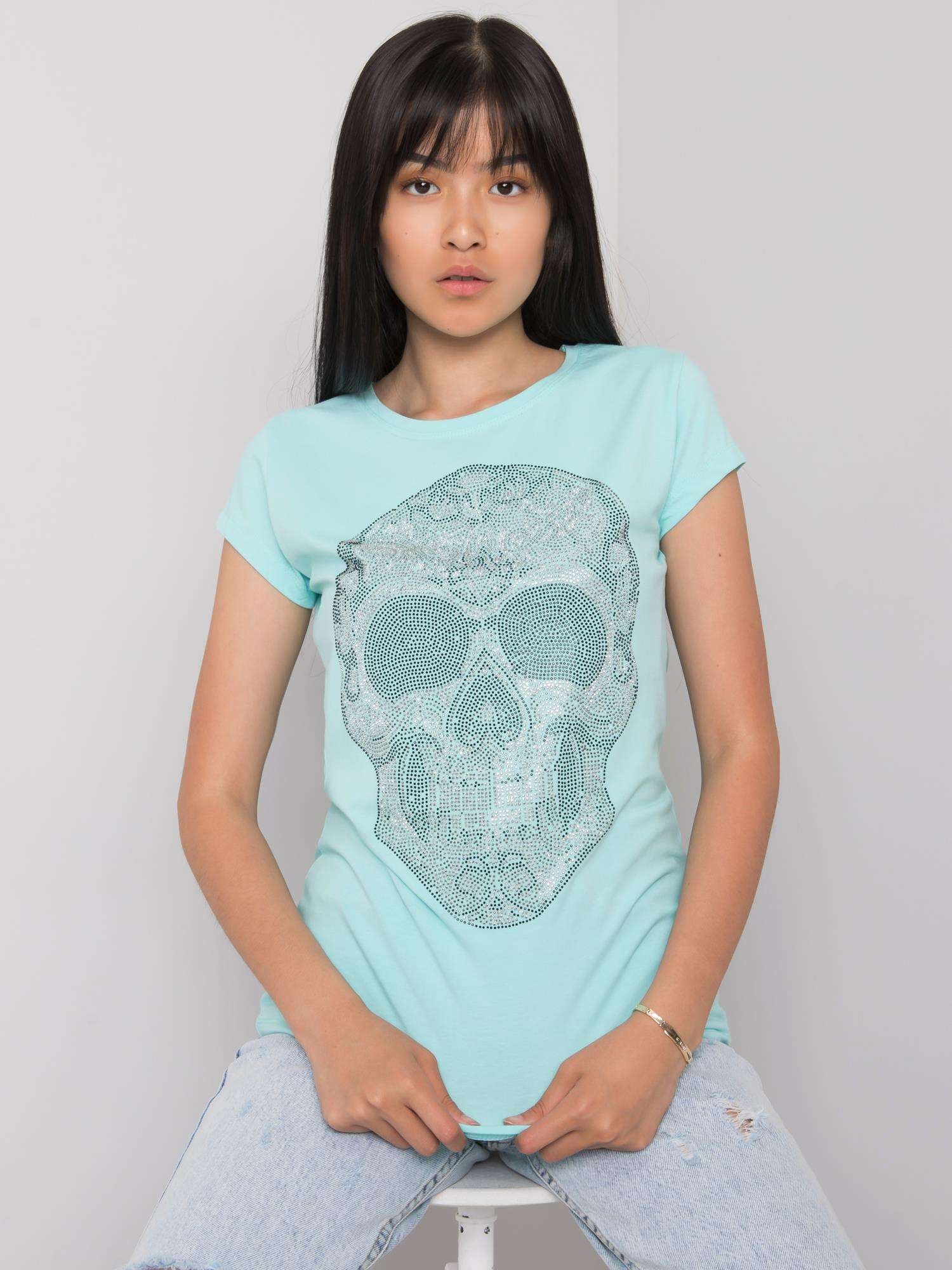 Jasnoniebieski t-shirt damski z czaszką