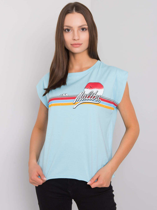 Jasnoniebieski bawełniany t-shirt damski z nadrukiem