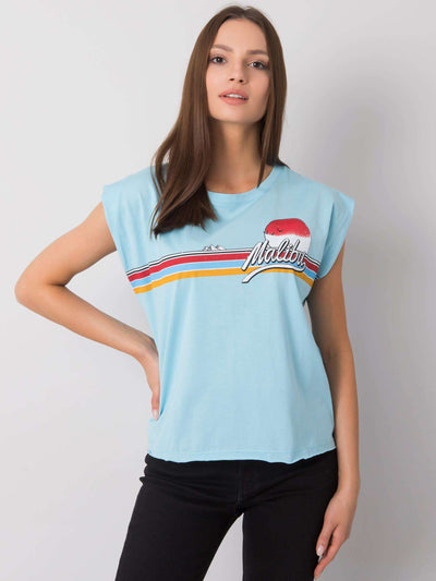 Jasnoniebieski bawełniany t-shirt damski z nadrukiem