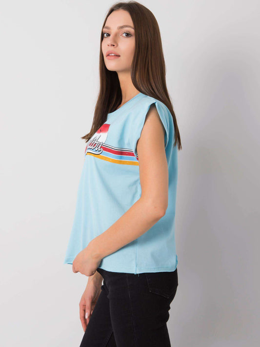 Jasnoniebieski bawełniany t-shirt damski z nadrukiem