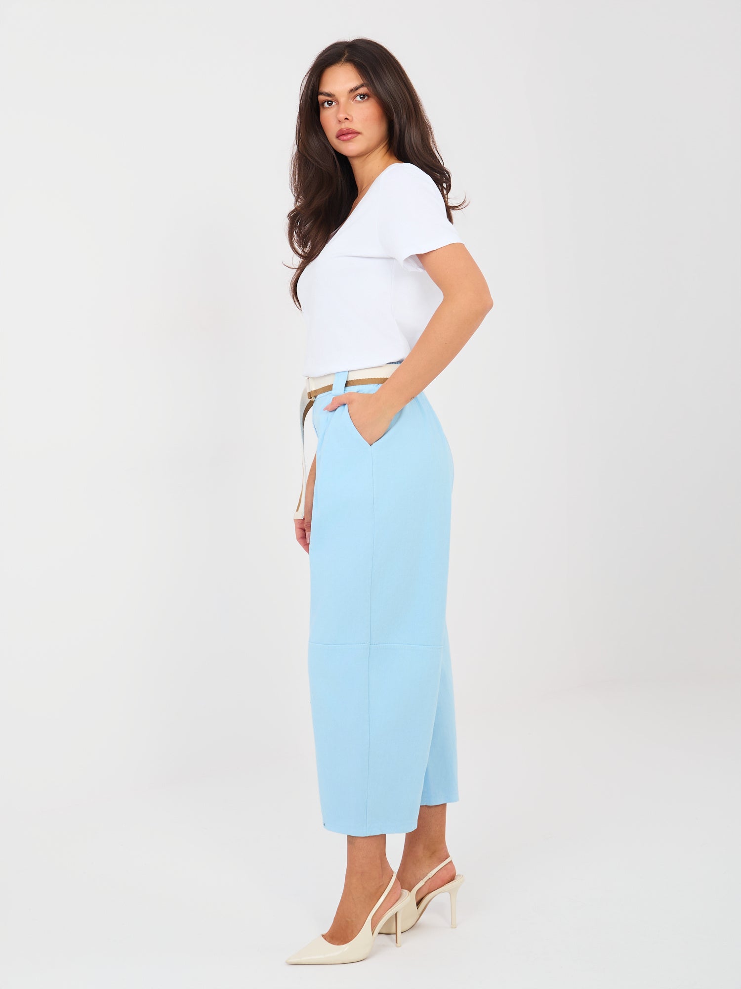 RUE PARIS Jasnoniebieskie jeansowe spodnie typu culotte